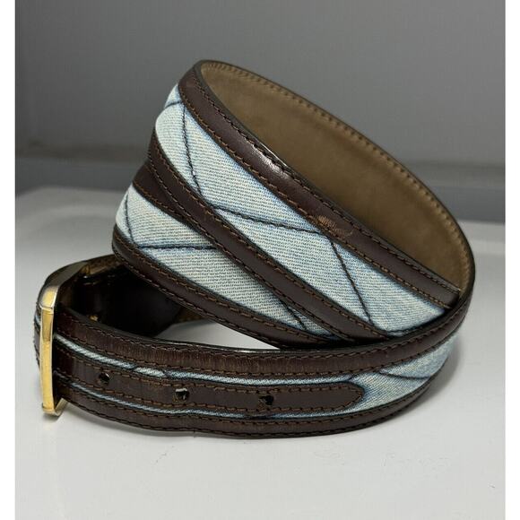 RARE Brioni Brown Leather Blue Quilted Denim Belt Solid Brass Buckle Sz 100 / 40 - Picture 2 of 12